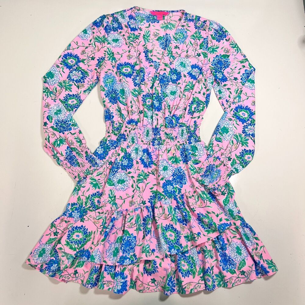 Lilly Pulitzer Long Sleeve Smocked Waist Ruffle Dress Size 4 Pink Blue Floral